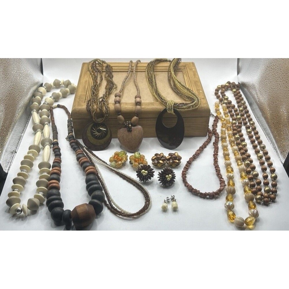Vintage & Modern Boho Wood Necklaces, Earrings, And Wooden Box 14 Pc